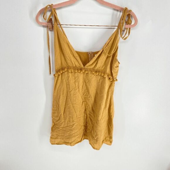 Emory Park Women Mustard Yellow preowned pom pom boho mini dress small - Picture 2 of 8